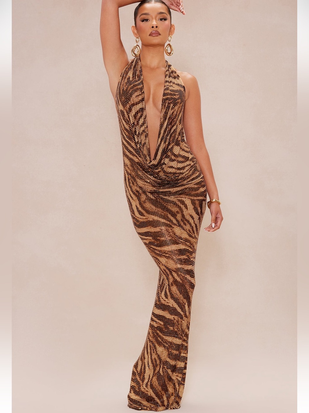 Rhinestone Diamond Brown, Tan, Black Zebra Cowl Halter Neck Maxi Chain Dress